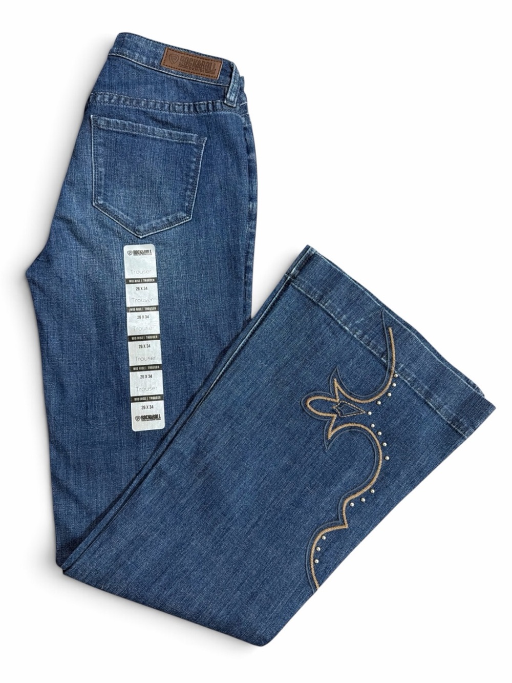 ROCK & ROLL DENIM Mid Rise Hem Stitched Stretch Denim Jeans Size 26X34 - NWT